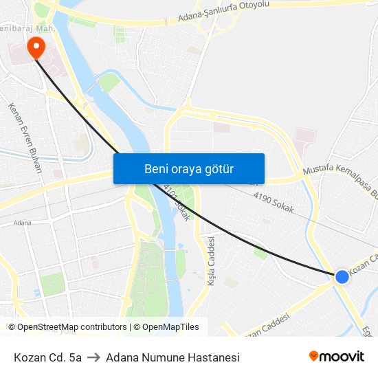 Kozan Cd. 5a to Adana Numune Hastanesi map