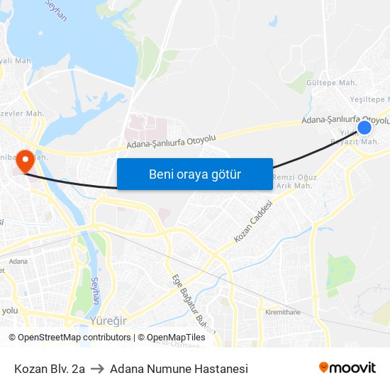 Kozan Blv. 2a to Adana Numune Hastanesi map