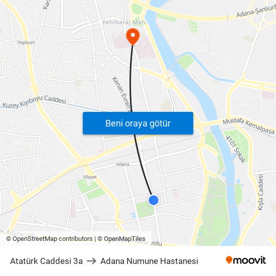 Atatürk Caddesi 3a to Adana Numune Hastanesi map