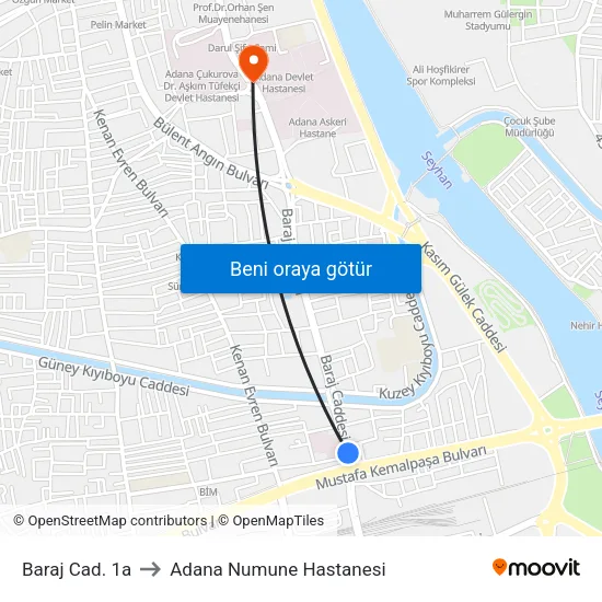 Baraj Cad. 1a to Adana Numune Hastanesi map