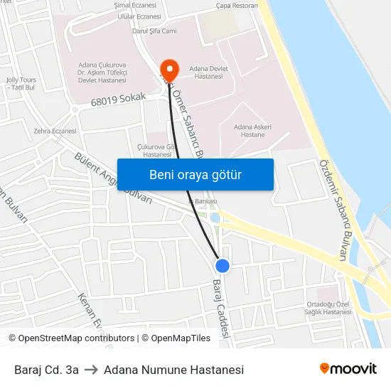 Baraj Cd. 3a to Adana Numune Hastanesi map