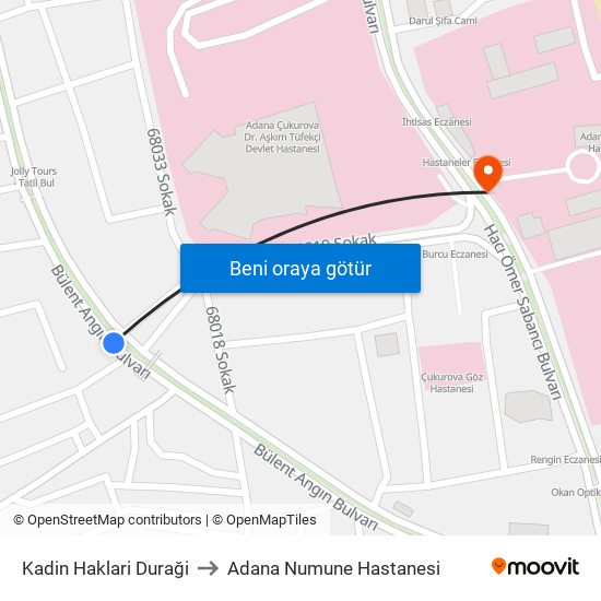 Kadin Haklari Duraği to Adana Numune Hastanesi map