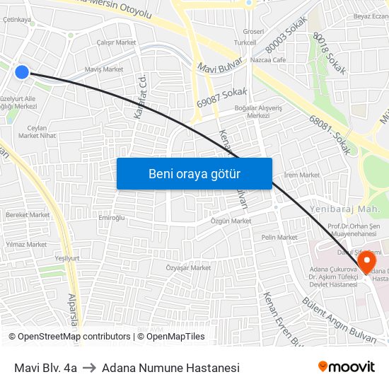 Mavi Blv. 4a to Adana Numune Hastanesi map