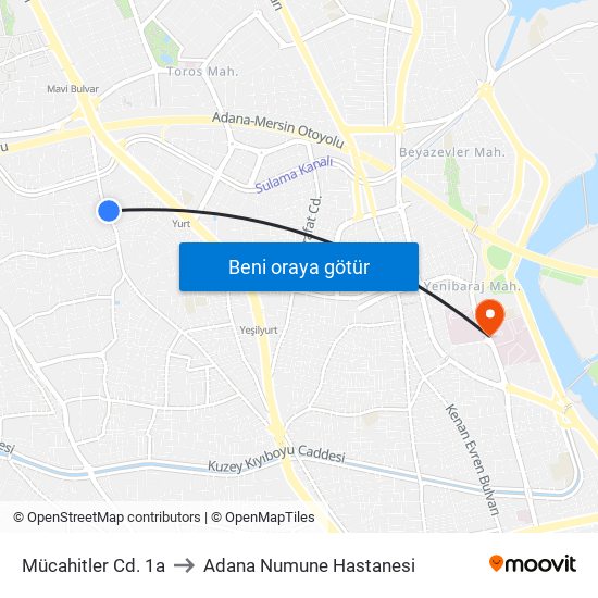 Mücahitler Cd. 1a to Adana Numune Hastanesi map