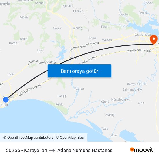 50255 - Karayolları to Adana Numune Hastanesi map