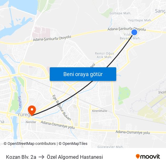 Kozan Blv. 2a to Özel Algomed Hastanesi map
