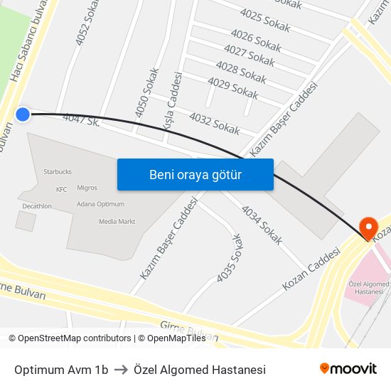 Optimum Avm 1b to Özel Algomed Hastanesi map