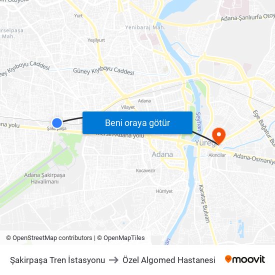 Şakirpaşa Tren İstasyonu to Özel Algomed Hastanesi map