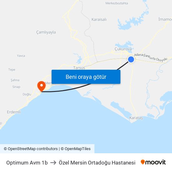 Optimum Avm 1b to Özel Mersin Ortadoğu Hastanesi map