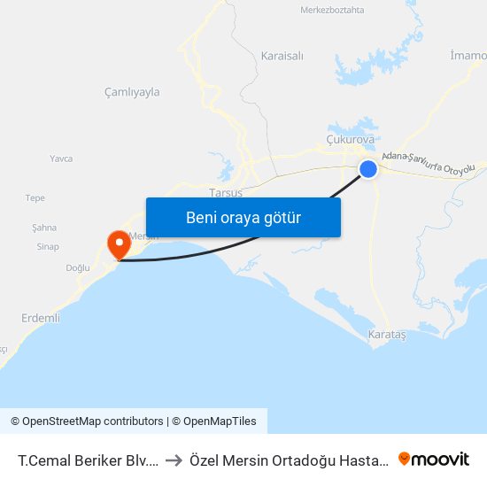 T.Cemal Beriker Blv. 2a to Özel Mersin Ortadoğu Hastanesi map