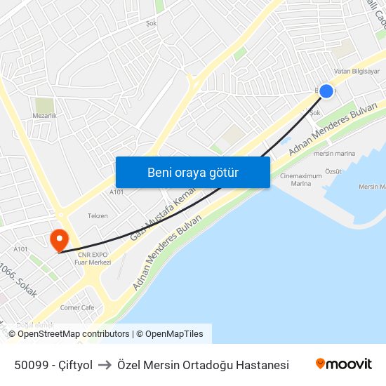 50099 - Çiftyol to Özel Mersin Ortadoğu Hastanesi map