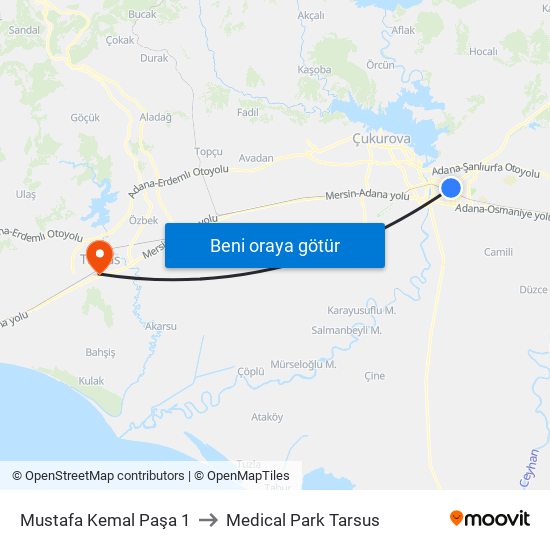 Mustafa Kemal Paşa 1 to Medical Park Tarsus map