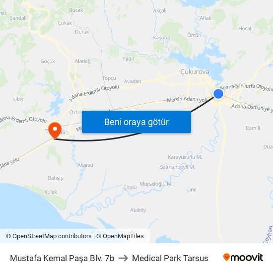 Mustafa Kemal Paşa Blv. 7b to Medical Park Tarsus map