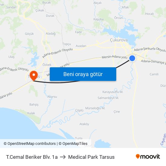 T.Cemal Beriker Blv. 1a to Medical Park Tarsus map