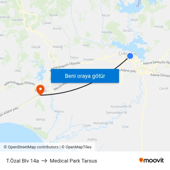 T.Özal Blv 14a to Medical Park Tarsus map