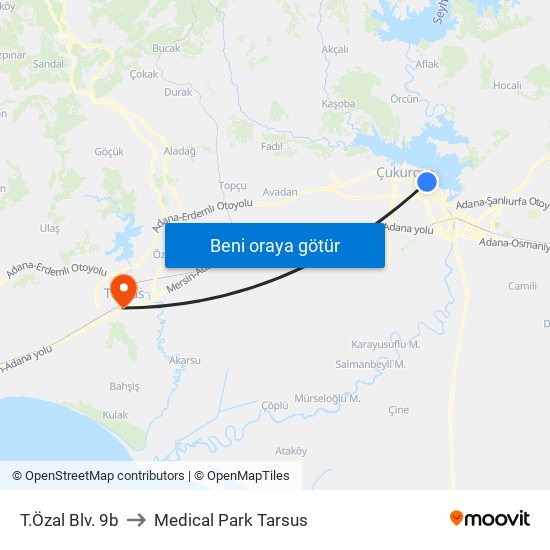 T.Özal Blv. 9b to Medical Park Tarsus map