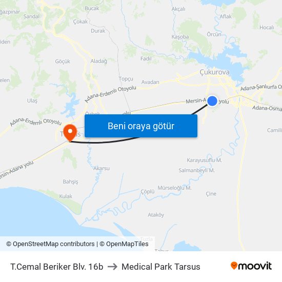 T.Cemal Beriker Blv. 16b to Medical Park Tarsus map