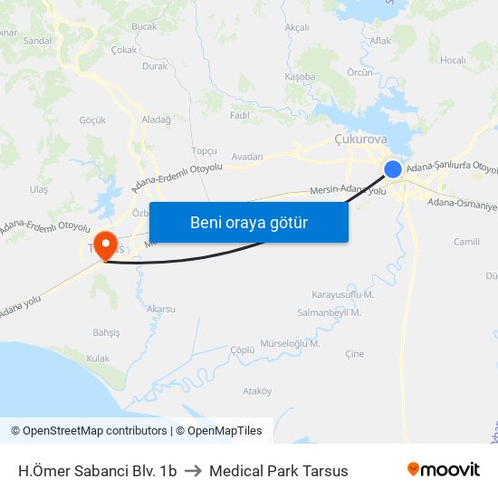 H.Ömer Sabanci Blv. 1b to Medical Park Tarsus map