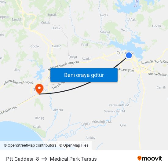 Ptt Caddesi -8 to Medical Park Tarsus map