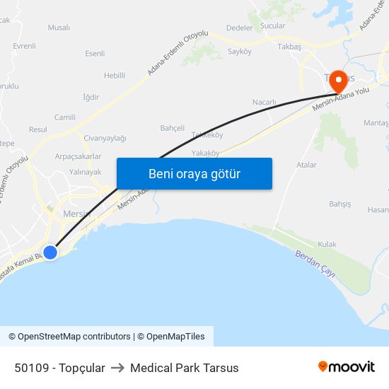 50109 - Topçular to Medical Park Tarsus map