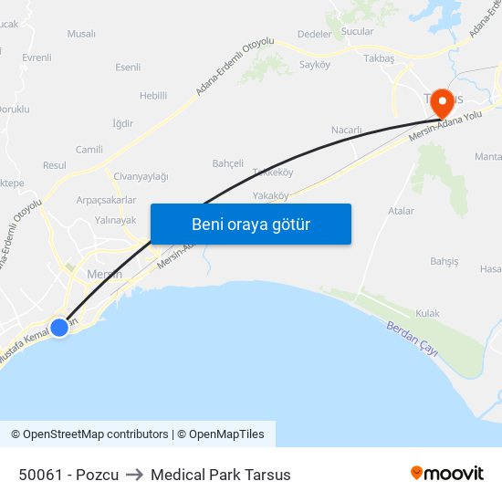 50061 - Pozcu to Medical Park Tarsus map