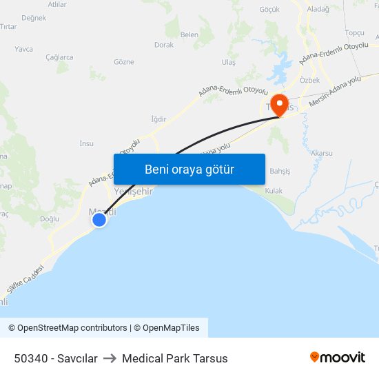 50340 - Savcılar to Medical Park Tarsus map