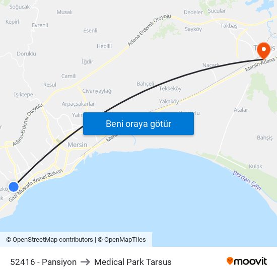 52416 - Pansiyon to Medical Park Tarsus map