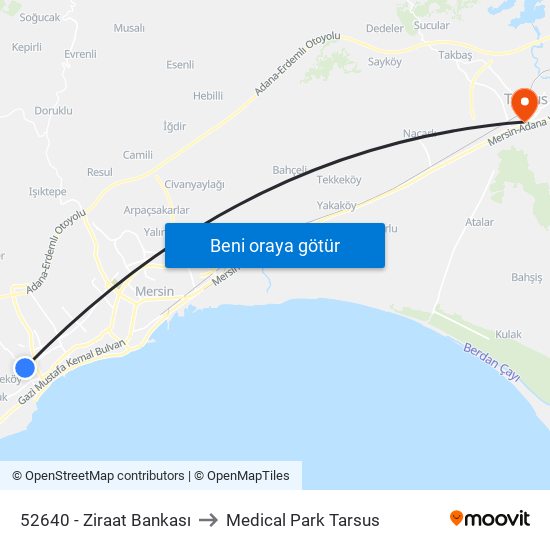 52640 - Ziraat Bankası to Medical Park Tarsus map