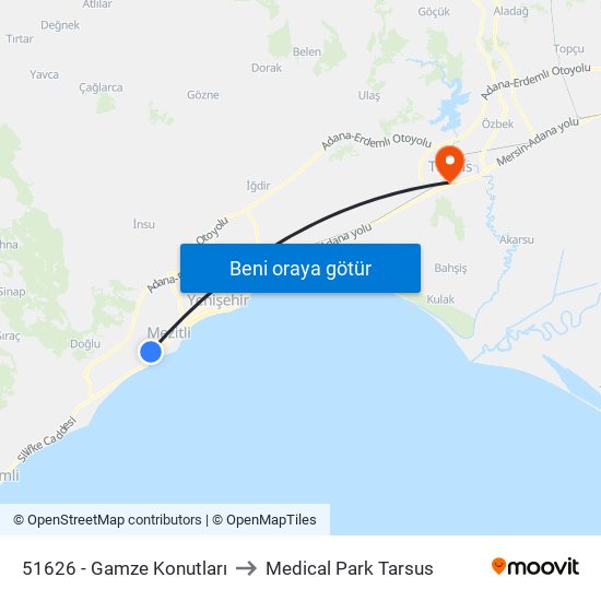 51626 - Gamze Konutları to Medical Park Tarsus map