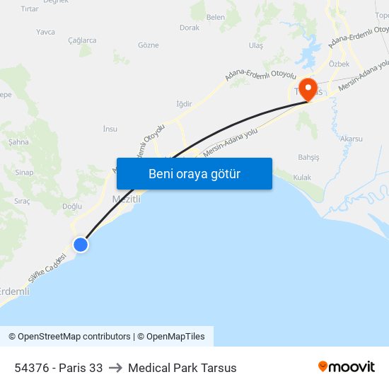 54376 - Paris 33 to Medical Park Tarsus map