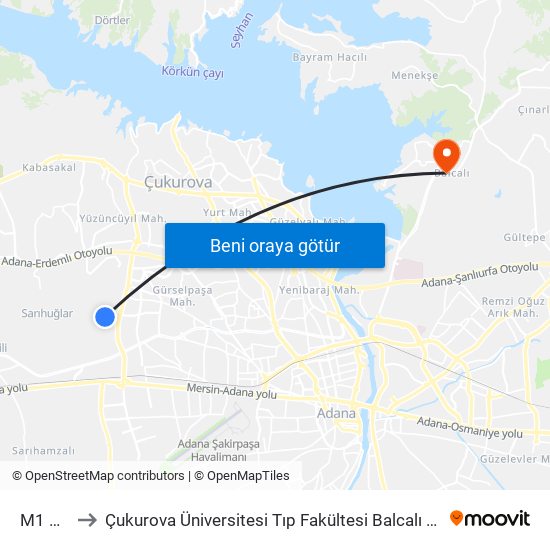 M1 Avm 2a to Çukurova Üniversitesi Tıp Fakültesi Balcalı Hastanesi (Ç. Ü. Balcalı Hastanesi) map