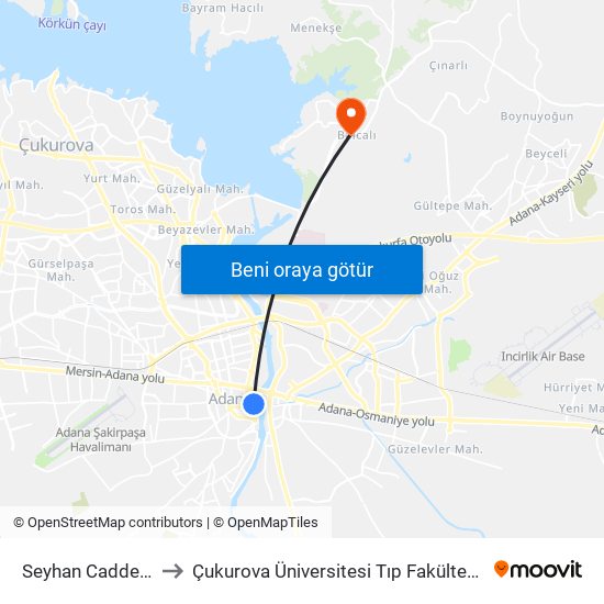 Seyhan Caddesi 1. Durak Taşköprü to Çukurova Üniversitesi Tıp Fakültesi Balcalı Hastanesi (Ç. Ü. Balcalı Hastanesi) map