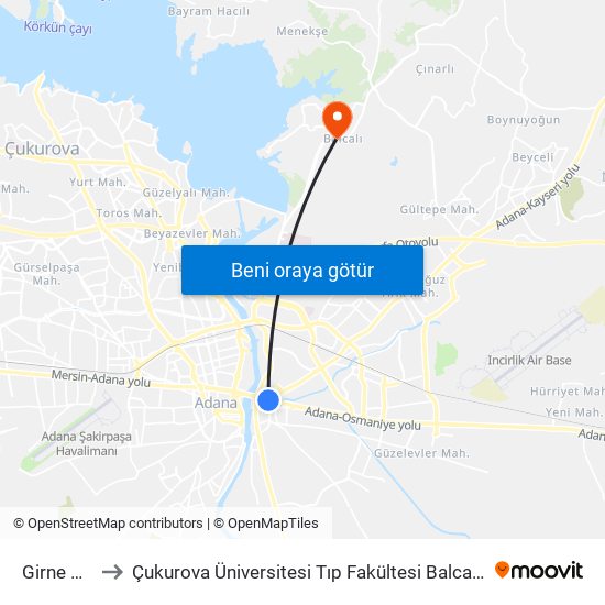 Girne Bulvari 1a to Çukurova Üniversitesi Tıp Fakültesi Balcalı Hastanesi (Ç. Ü. Balcalı Hastanesi) map