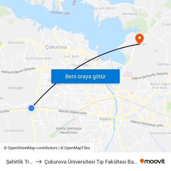 Şehitlik Tren İstasyonu to Çukurova Üniversitesi Tıp Fakültesi Balcalı Hastanesi (Ç. Ü. Balcalı Hastanesi) map