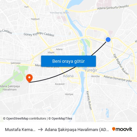 Mustafa Kemal Paşa Blv. 11b to Adana Şakirpaşa Havalimanı (ADA) (Adana Sakirpasa Airport) map
