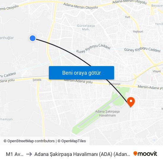 M1 Avm 1a to Adana Şakirpaşa Havalimanı (ADA) (Adana Sakirpasa Airport) map