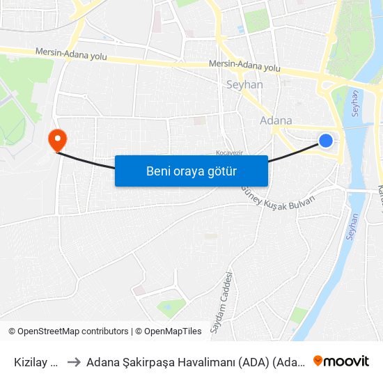 Kizilay Cd. 4a to Adana Şakirpaşa Havalimanı (ADA) (Adana Sakirpasa Airport) map