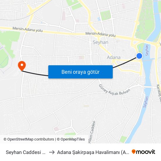 Seyhan Caddesi 1. Durak Taşköprü to Adana Şakirpaşa Havalimanı (ADA) (Adana Sakirpasa Airport) map