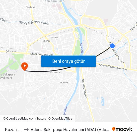 Kozan Cd. 5a to Adana Şakirpaşa Havalimanı (ADA) (Adana Sakirpasa Airport) map