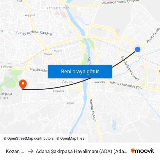 Kozan Cd. 8a to Adana Şakirpaşa Havalimanı (ADA) (Adana Sakirpasa Airport) map