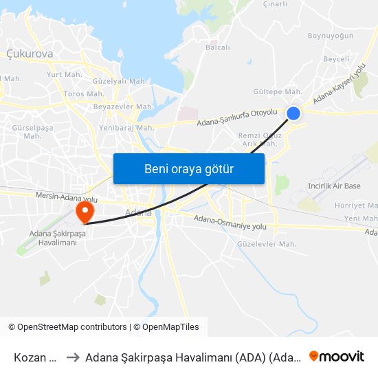 Kozan Blv. 2a to Adana Şakirpaşa Havalimanı (ADA) (Adana Sakirpasa Airport) map