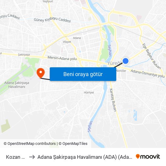 Kozan Cd. 1b to Adana Şakirpaşa Havalimanı (ADA) (Adana Sakirpasa Airport) map