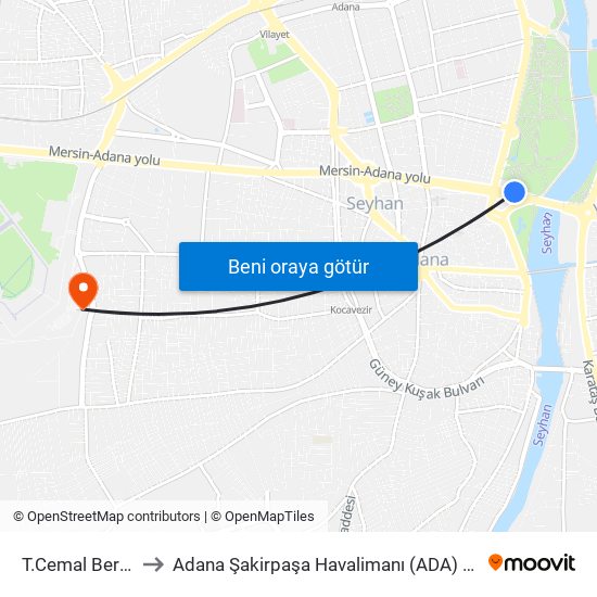 T.Cemal Beriker Blv. 1a to Adana Şakirpaşa Havalimanı (ADA) (Adana Sakirpasa Airport) map
