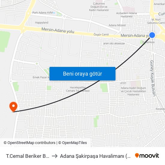 T.Cemal Beriker Blv. 4a/İstiklal Metro to Adana Şakirpaşa Havalimanı (ADA) (Adana Sakirpasa Airport) map