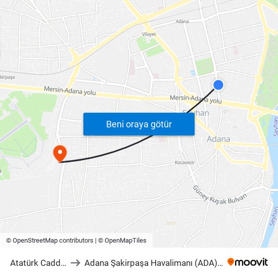 Atatürk Caddesi 2. Durak to Adana Şakirpaşa Havalimanı (ADA) (Adana Sakirpasa Airport) map