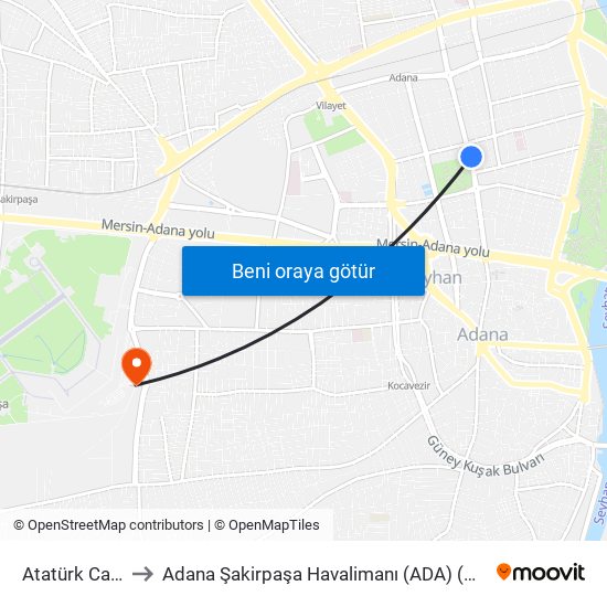 Atatürk Caddesi 3a to Adana Şakirpaşa Havalimanı (ADA) (Adana Sakirpasa Airport) map