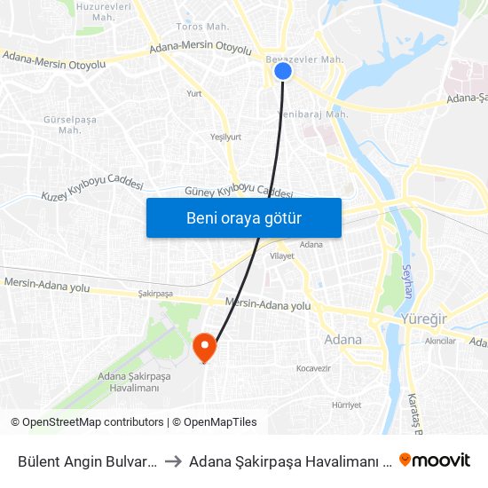 Bülent Angin Bulvari 6. Durak (Duygu Cafe) to Adana Şakirpaşa Havalimanı (ADA) (Adana Sakirpasa Airport) map