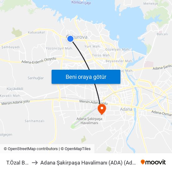 T.Özal Blv. 18b to Adana Şakirpaşa Havalimanı (ADA) (Adana Sakirpasa Airport) map