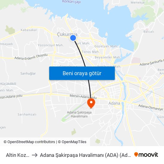 Altin Koza Parki to Adana Şakirpaşa Havalimanı (ADA) (Adana Sakirpasa Airport) map
