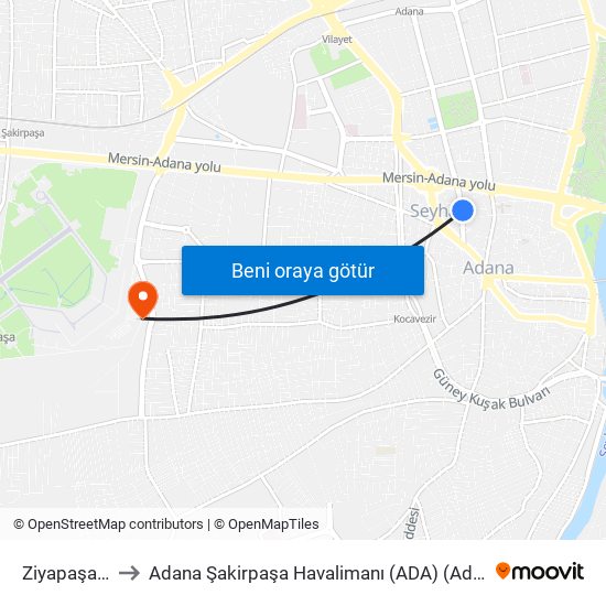 Ziyapaşa Blv. 1a to Adana Şakirpaşa Havalimanı (ADA) (Adana Sakirpasa Airport) map